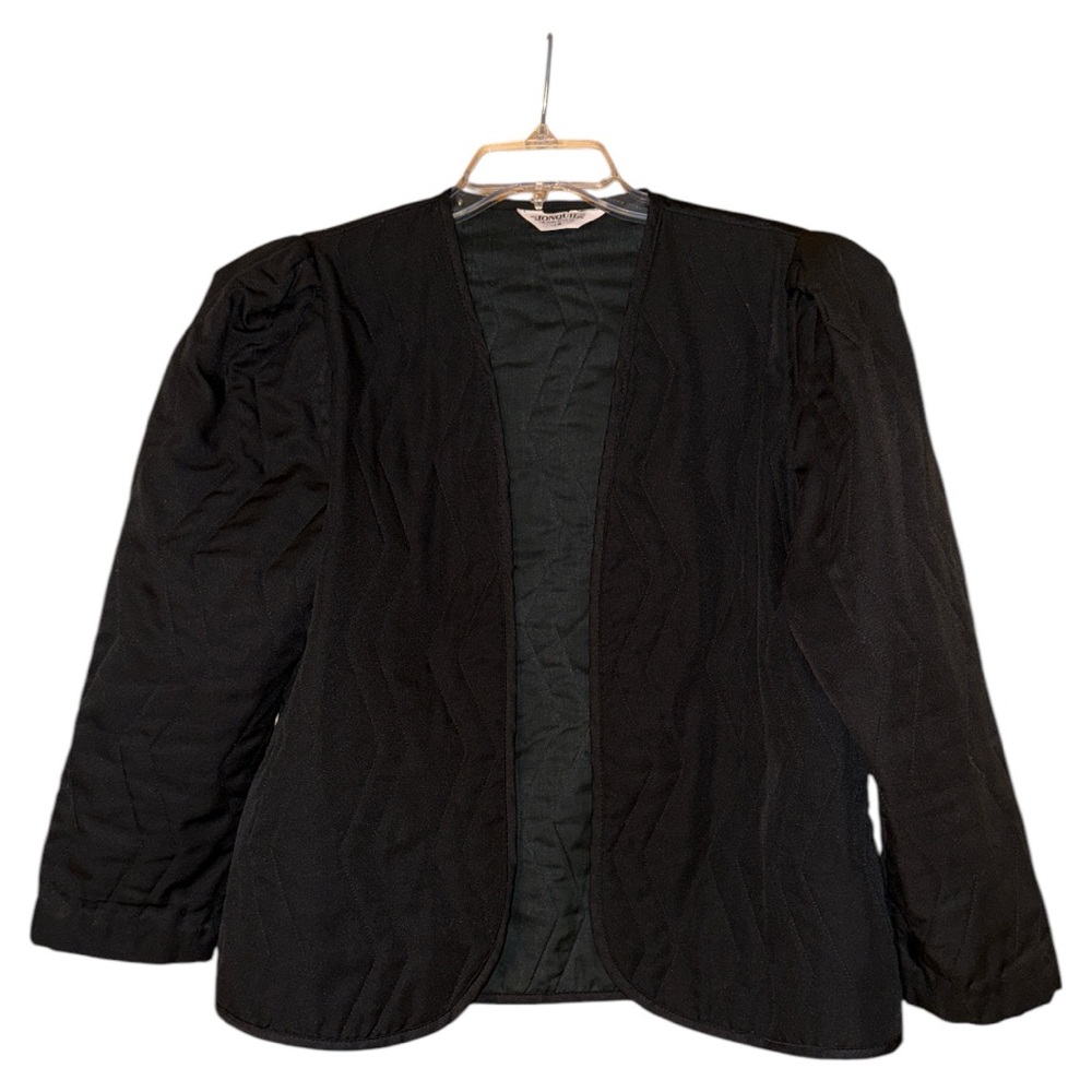 Jonquil Judy‎ Bond Vintage 80s Black Quilted Open Jacket Puff Sleeves Womens 14